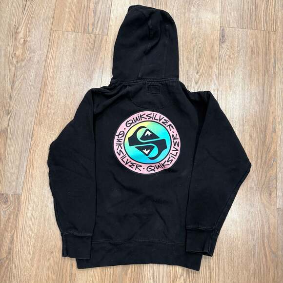 Quiksilver Men's Black Pullover Hoodie with Rainbow Swirl Logo Graphic - Picture 3 of 5